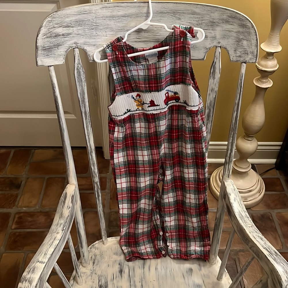 Smocked tartan plaid overalls for toddler boy.